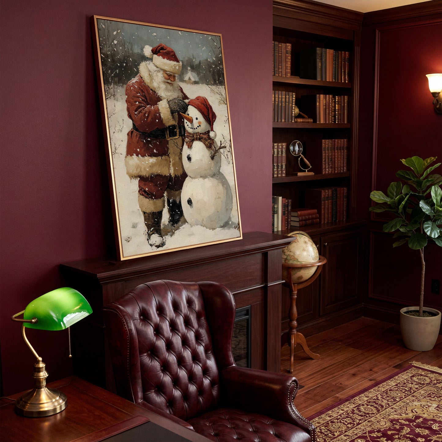 Santa & Snowman Canvas Print, Festive Portrait in antique gold floating frame