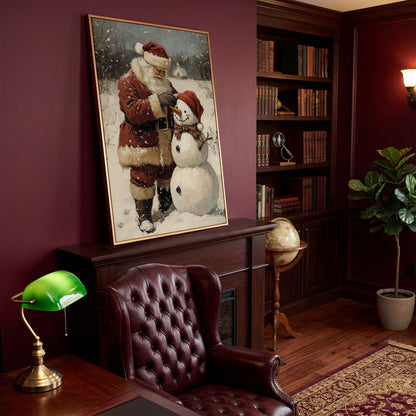 Santa & Snowman Canvas Print, Festive Portrait in antique gold floating frame
