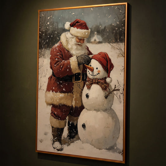 Santa & Snowman Canvas Print, Festive Portrait shown in antique gold floating frame