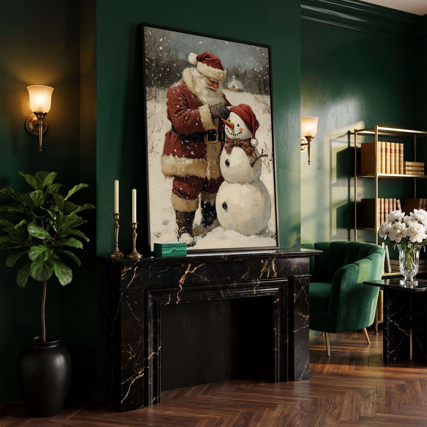 Santa & Snowman Canvas Print, Festive Portrait in black floating frame