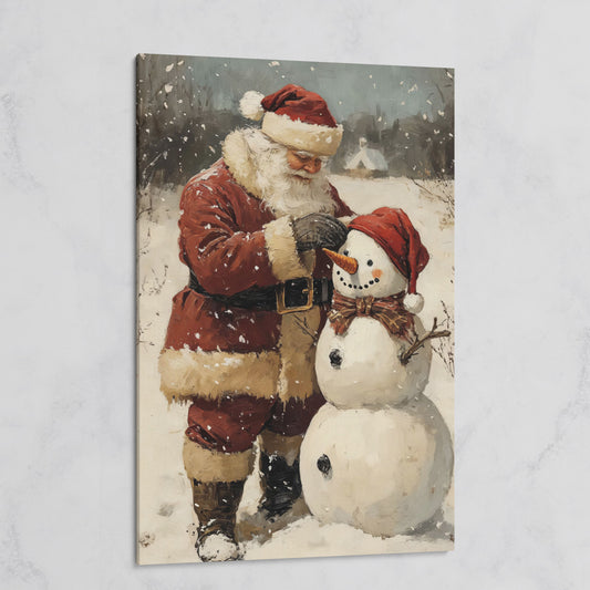 Santa & Snowman Canvas Print, Festive Portrait on gallery wrap