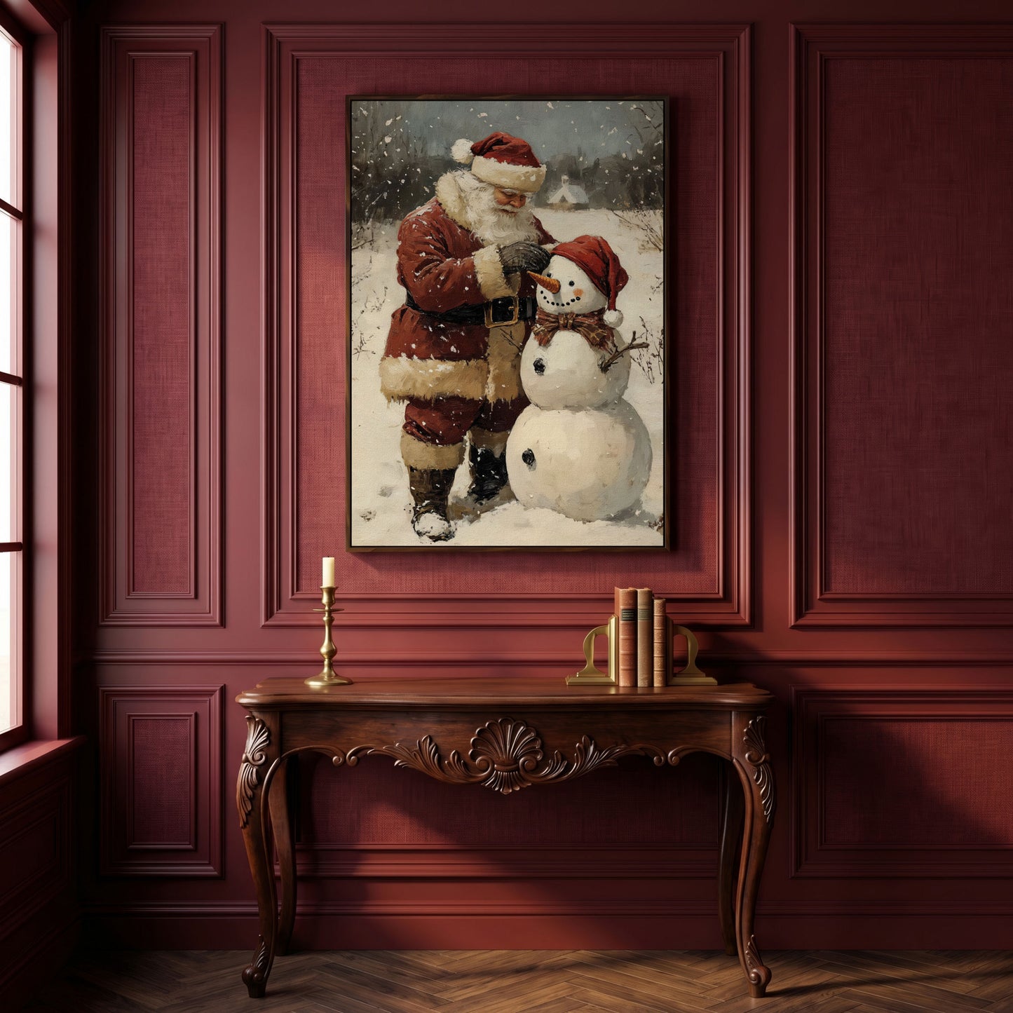 Santa & Snowman Canvas Print, Festive Portrait in dark walnut floating frame