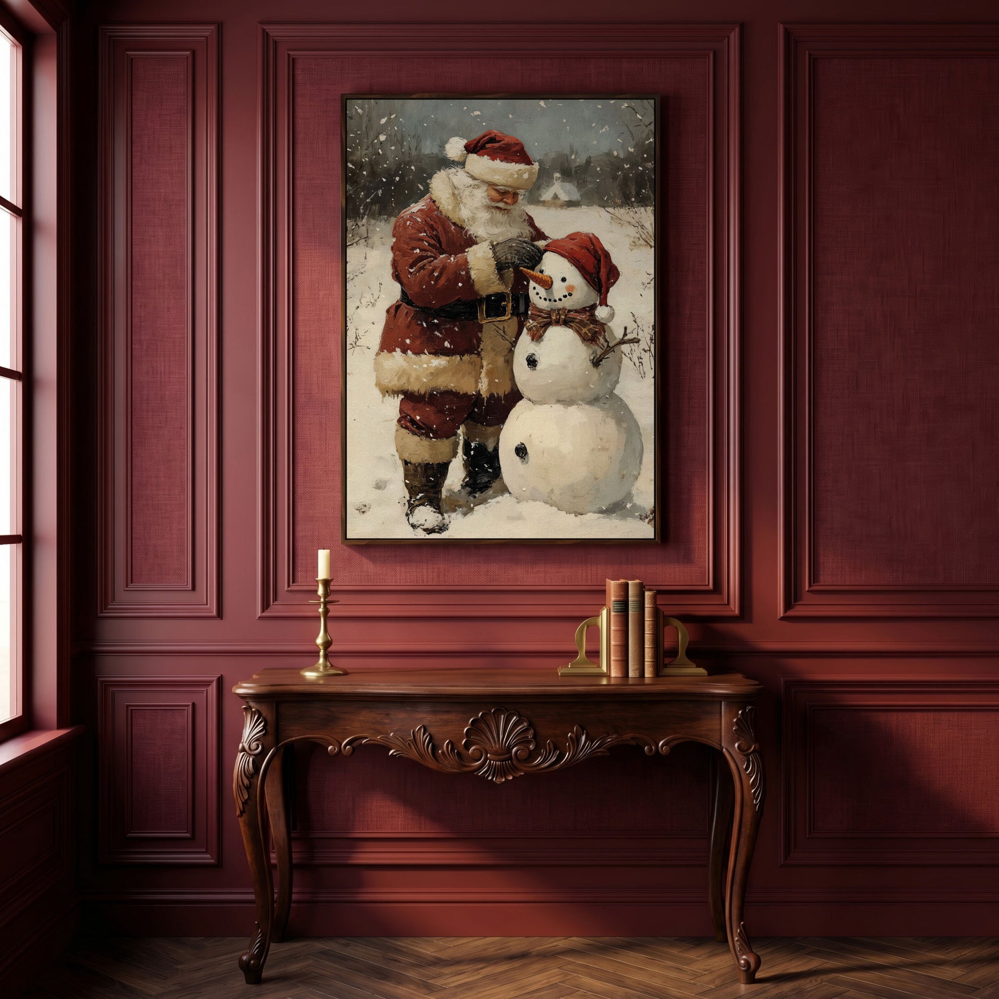 Santa & Snowman Canvas Print, Festive Portrait in dark walnut floating frame