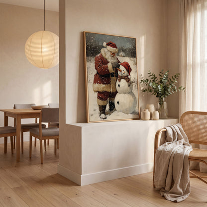 Santa & Snowman Canvas Print, Festive Portrait in white oak floating frame