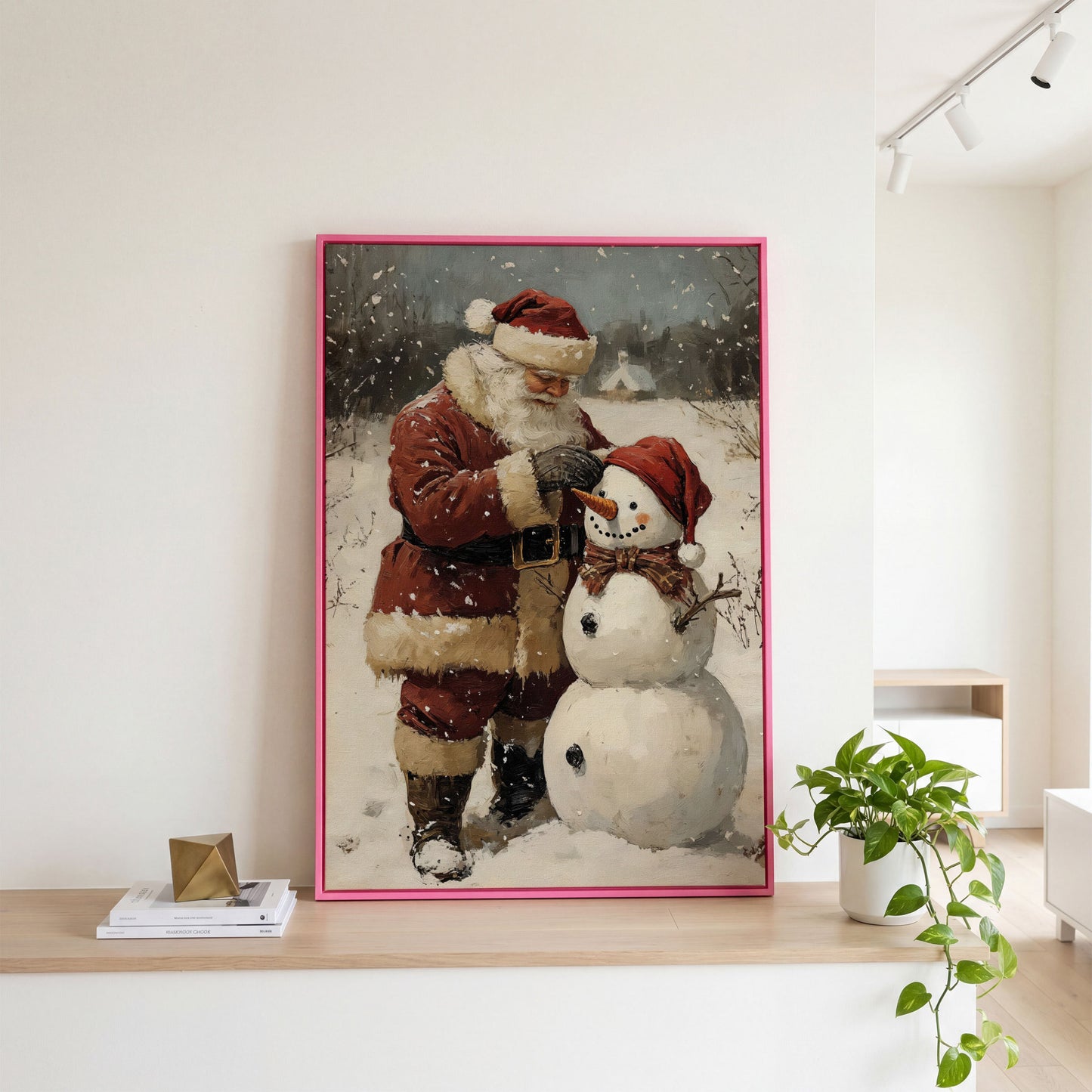Santa & Snowman Canvas Print, Festive Portrait in pink floating frame
