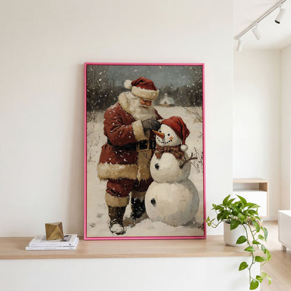 Santa & Snowman Canvas Print, Festive Portrait in pink floating frame