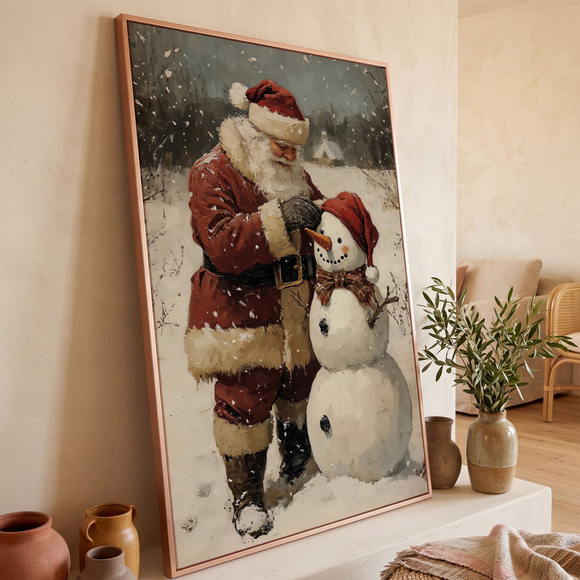 Santa & Snowman Canvas Print, Festive Portrait in rose gold floating frame