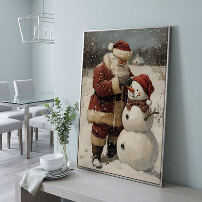 Santa & Snowman Canvas Print, Festive Portrait in silver floating frame