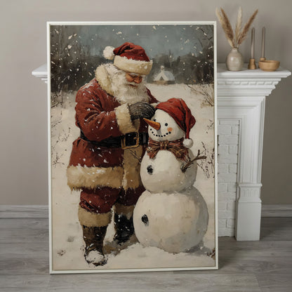 Santa & Snowman Canvas Print, Festive Portrait in white floating frame