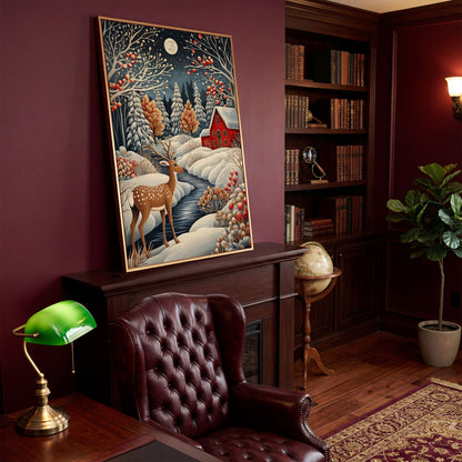 Winter Cottage with Deer Canvas Print in antique gold floating frame