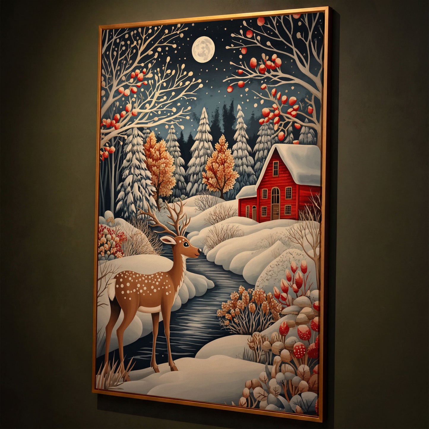 Winter Cottage with Deer Canvas Print shown in antique gold floating frame