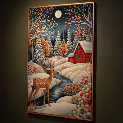 Winter Cottage with Deer Canvas Print shown in antique gold floating frame