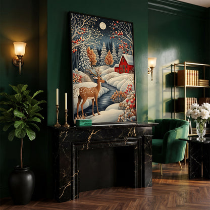 Winter Cottage with Deer Canvas Print in black floating frame