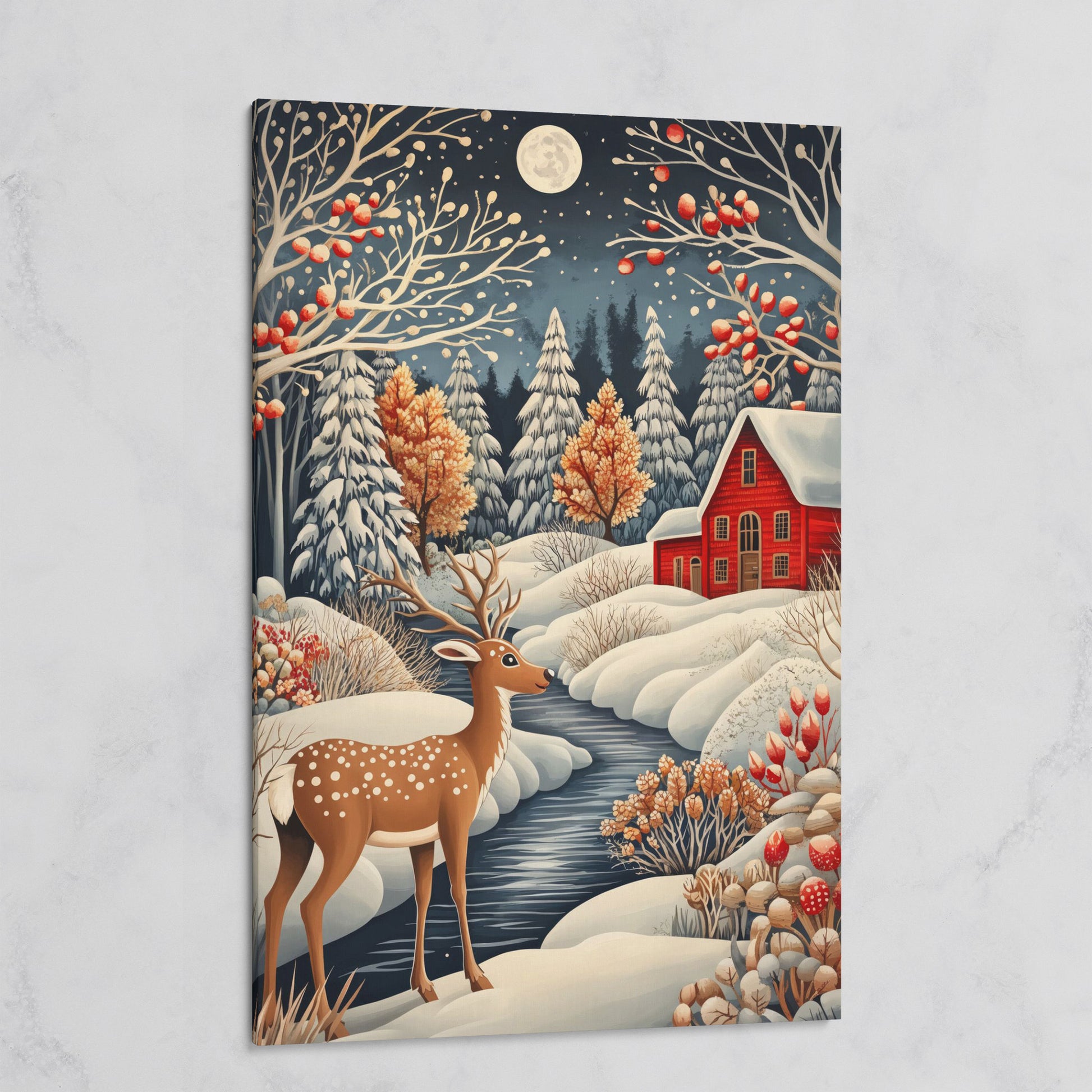 Winter Cottage with Deer Canvas Print on gallery wrap
