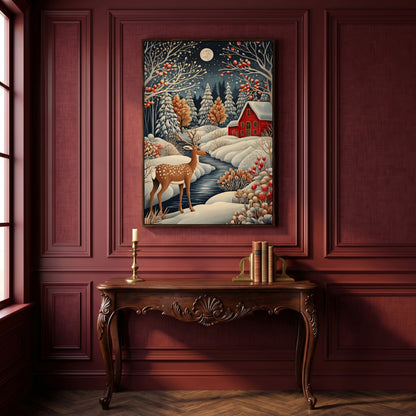 Winter Cottage with Deer Canvas Print in dark walnut floating frame