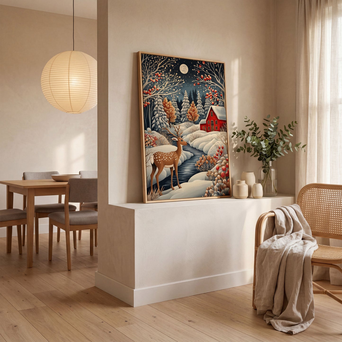 Winter Cottage with Deer Canvas Print in white oak floating frame