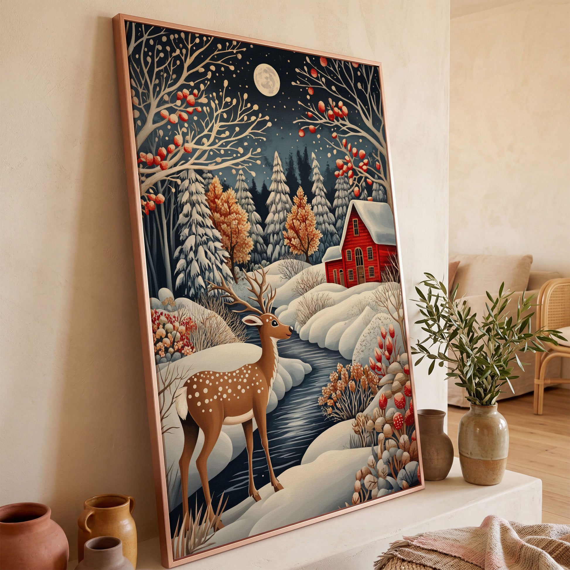 Winter Cottage with Deer Canvas Print in rose gold floating frame
