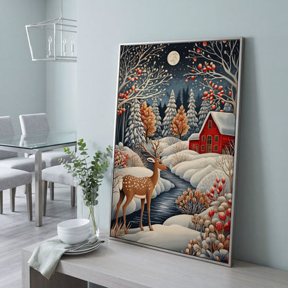 Winter Cottage with Deer Canvas Print in silver floating frame