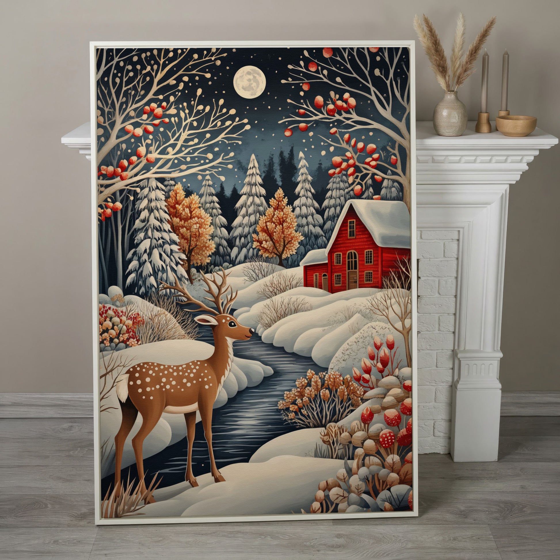 Winter Cottage with Deer Canvas Print in white floating frame