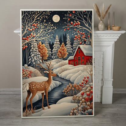 Winter Cottage with Deer Canvas Print in white floating frame