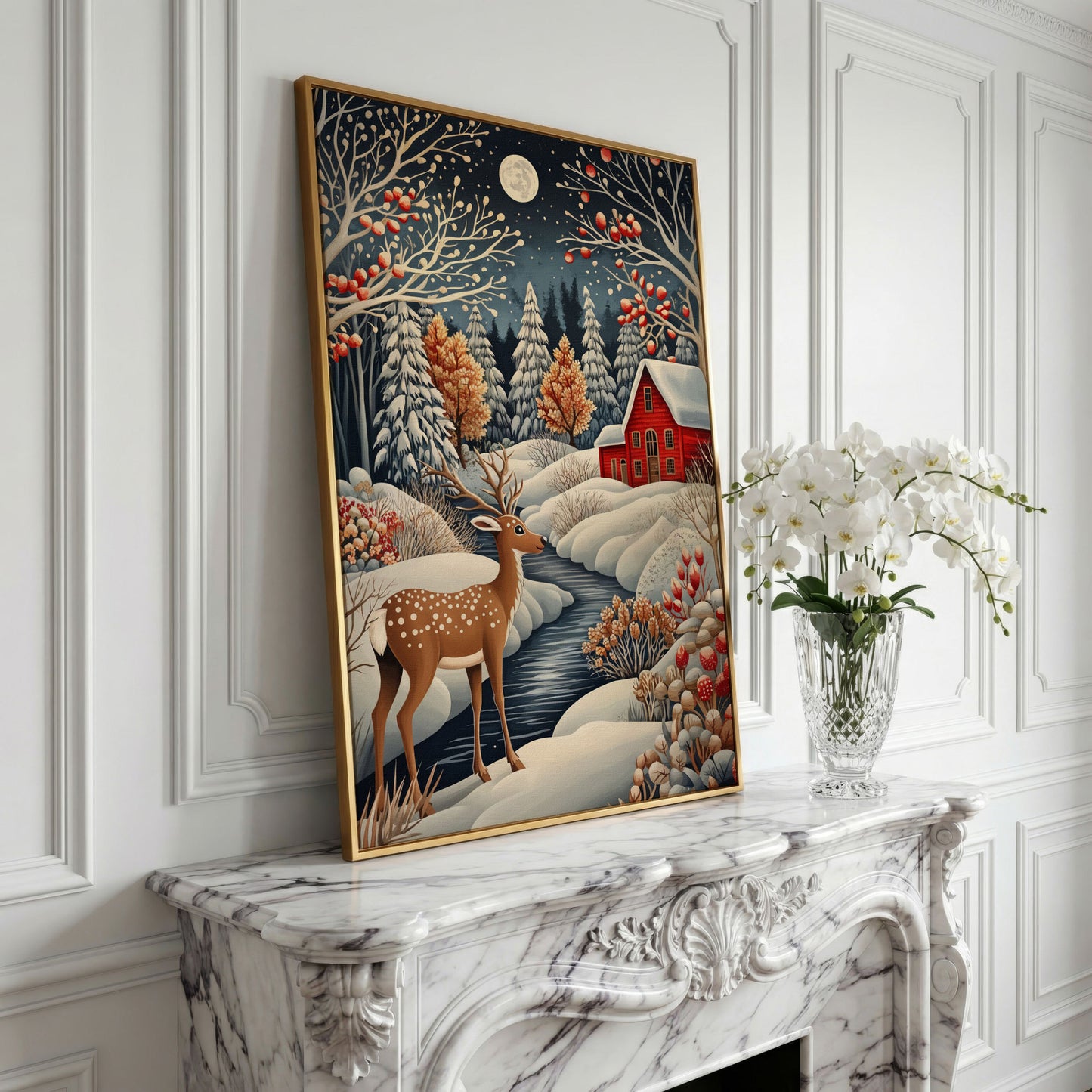 Winter Cottage with Deer Canvas Print in yellow gold floating frame