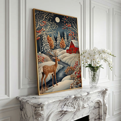 Winter Cottage with Deer Canvas Print in yellow gold floating frame