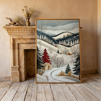 Winter Village Canvas Print with Snowy Hills in antique gold floating frame