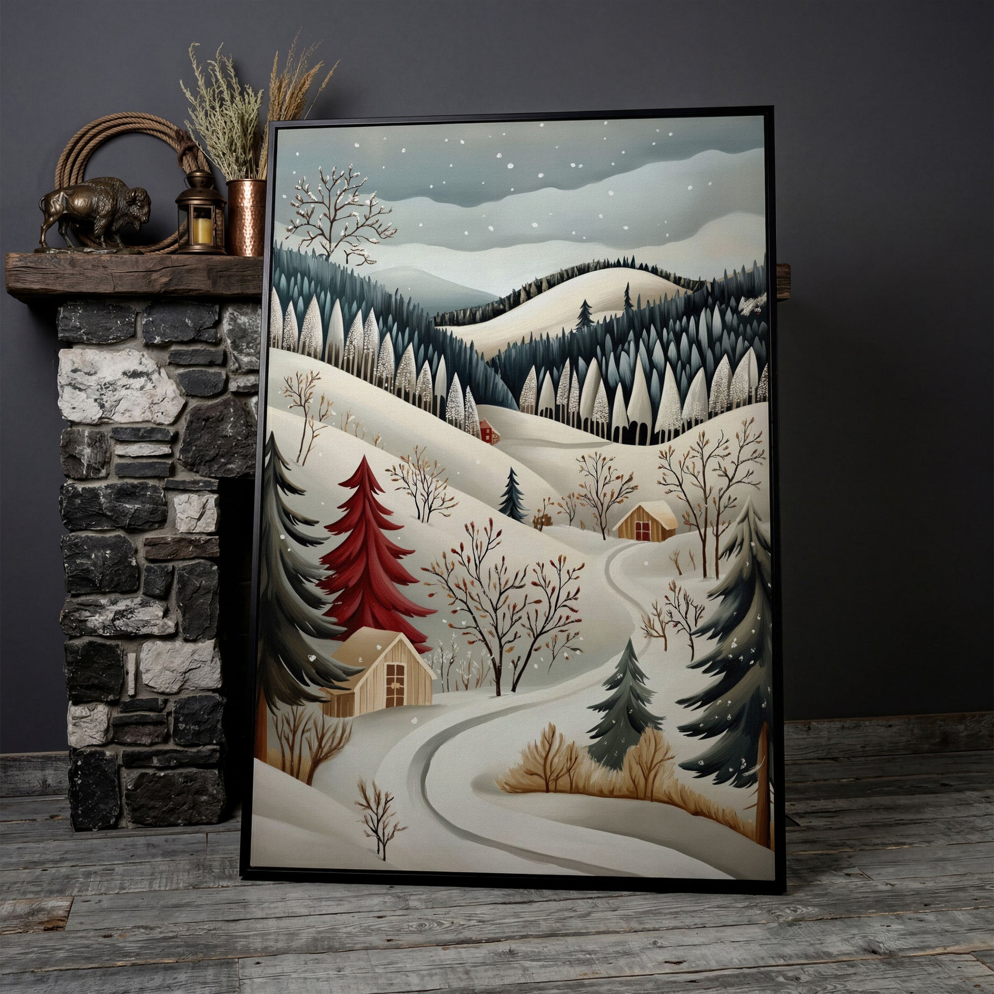 Winter Village Canvas Print with Snowy Hills in black floating frame