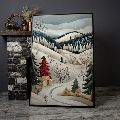 Winter Village Canvas Print with Snowy Hills in black floating frame