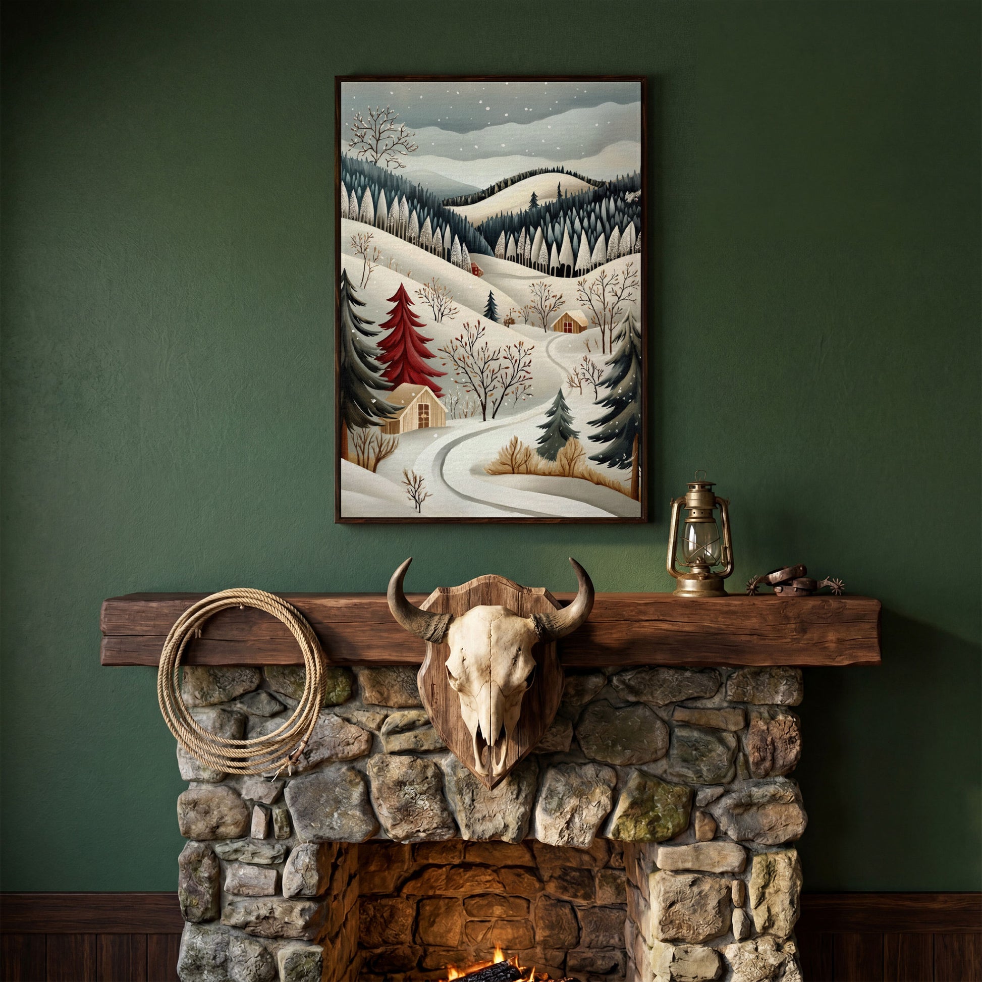 Winter Village Canvas Print with Snowy Hills in dark walnut floating frame