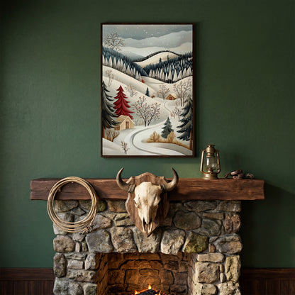 Winter Village Canvas Print with Snowy Hills in dark walnut floating frame