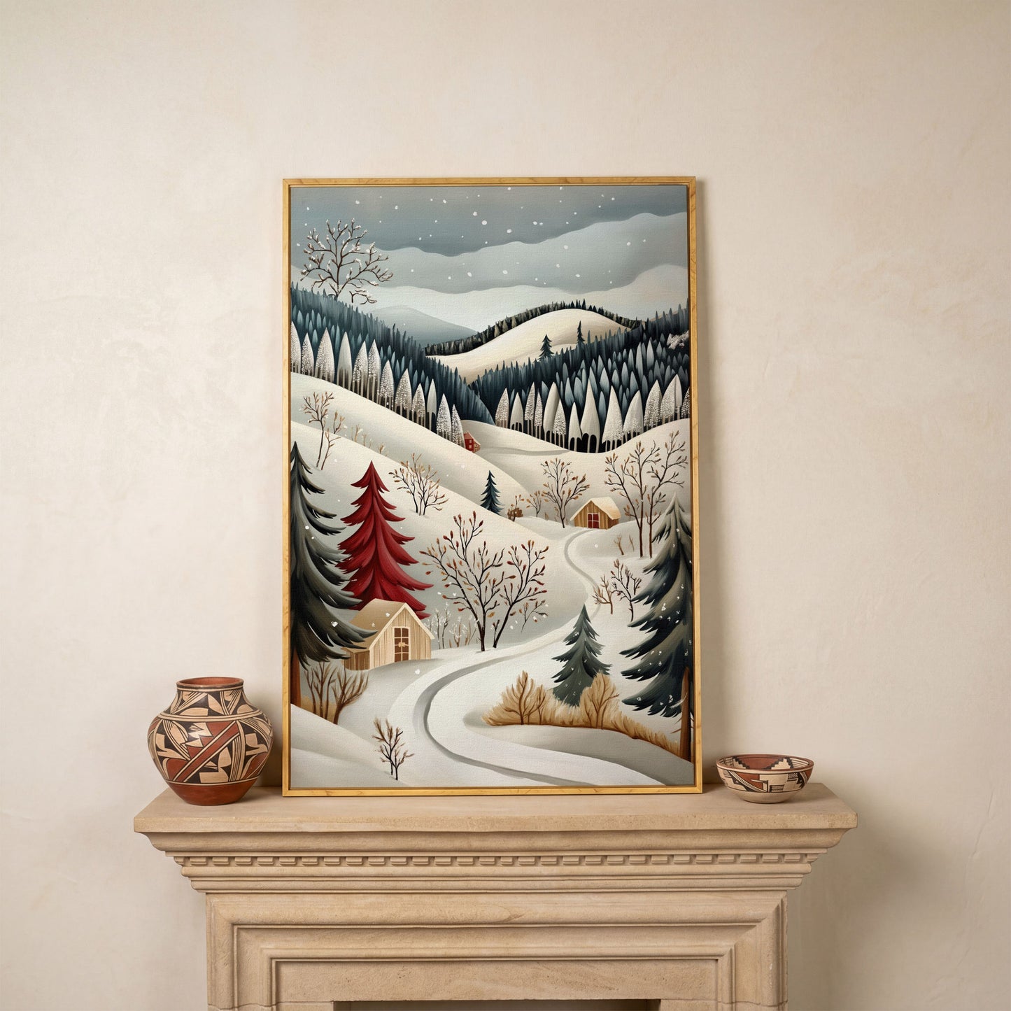 Winter Village Canvas Print with Snowy Hills in white oak floating frame