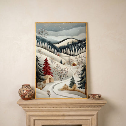 Winter Village Canvas Print with Snowy Hills in white oak floating frame