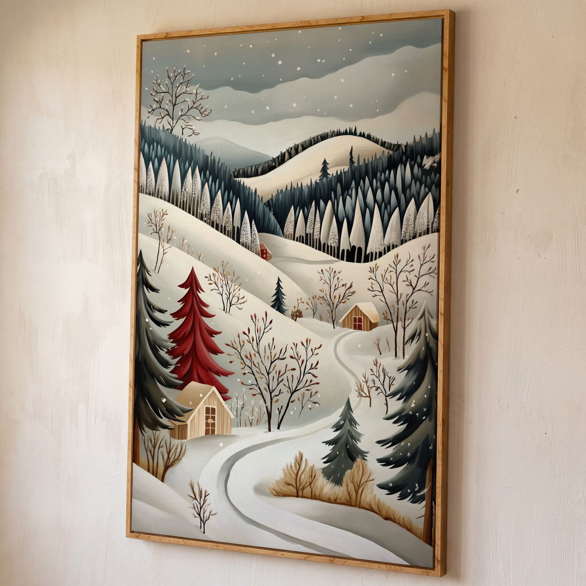 Winter Village Canvas Print with Snowy Hills shown in white oak floating frame