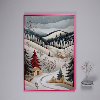 Winter Village Canvas Print with Snowy Hills in pink floating frame