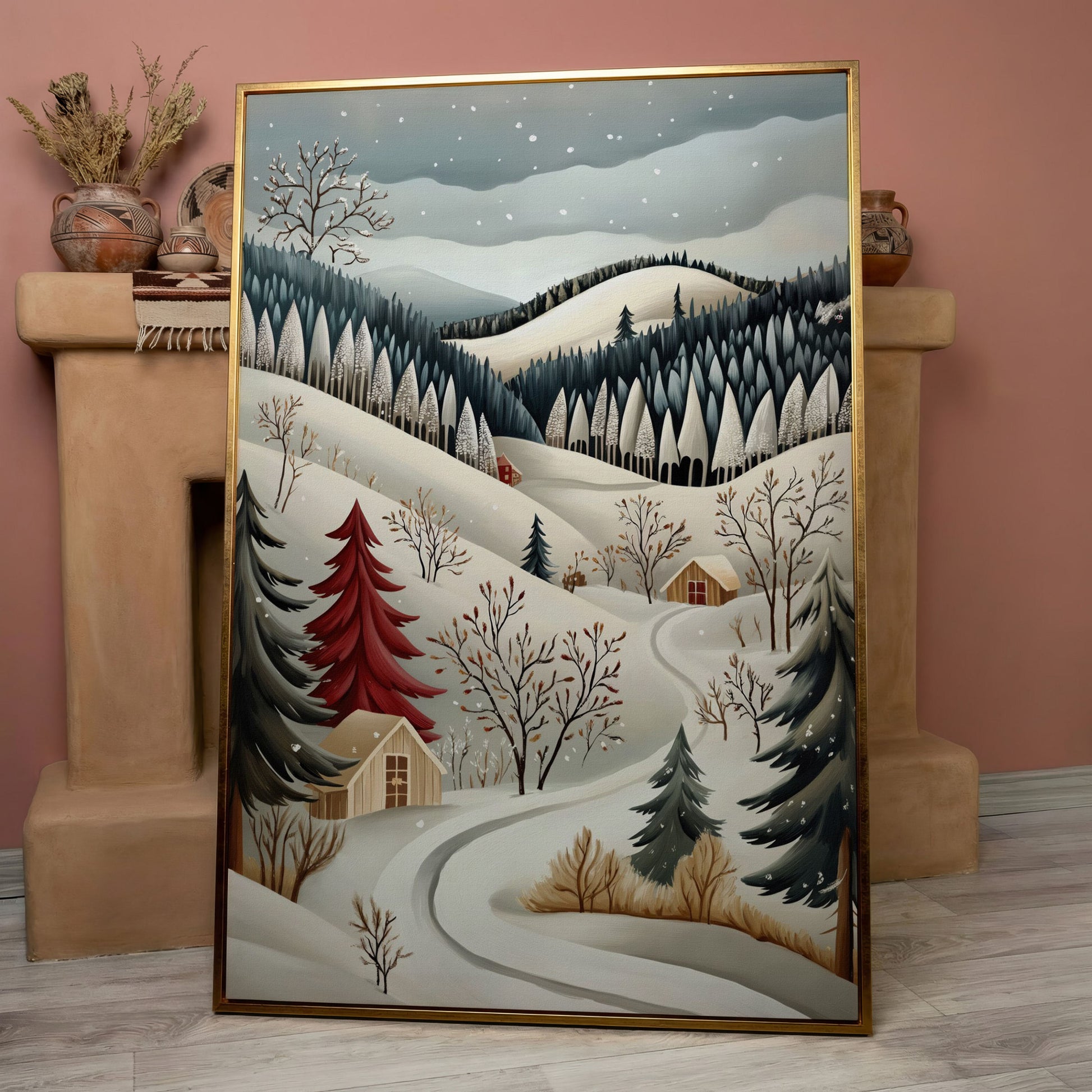 Winter Village Canvas Print with Snowy Hills in rose gold floating frame