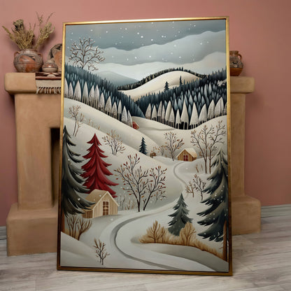Winter Village Canvas Print with Snowy Hills in rose gold floating frame