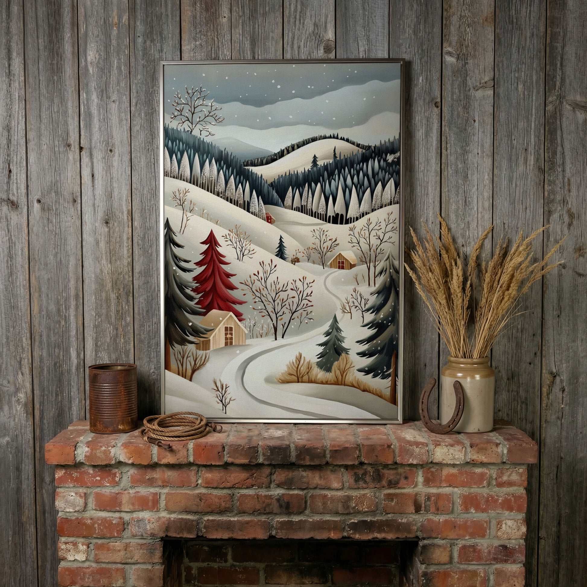 Winter Village Canvas Print with Snowy Hills in silver floating frame