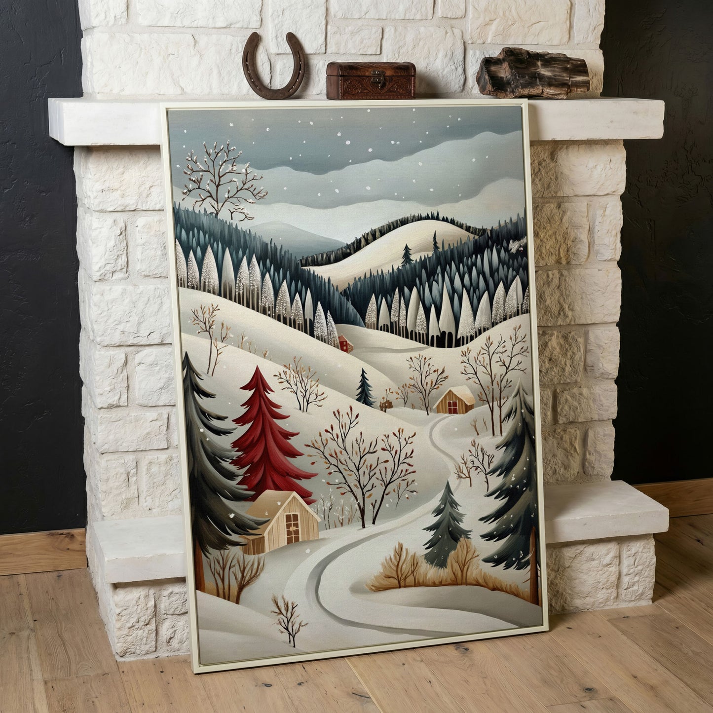Winter Village Canvas Print with Snowy Hills in white floating frame