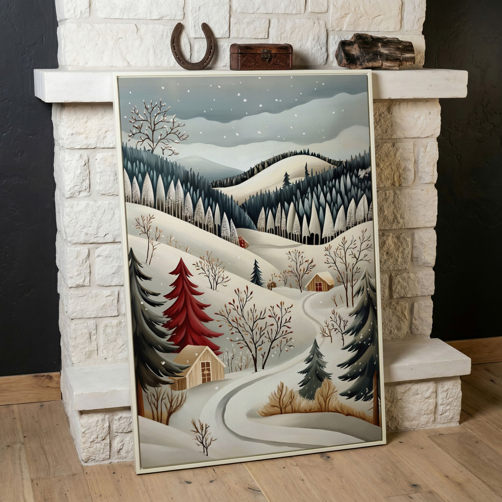 Winter Village Canvas Print with Snowy Hills in white floating frame