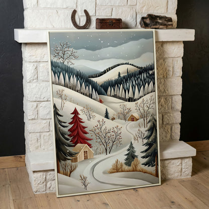Winter Village Canvas Print with Snowy Hills in white floating frame