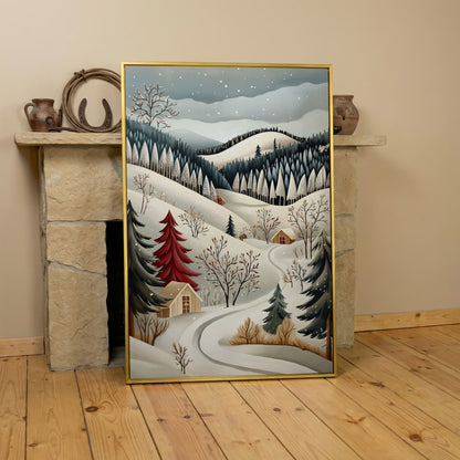Winter Village Canvas Print with Snowy Hills in yellow gold floating frame