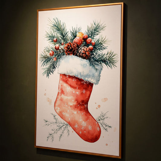 Christmas Stocking Canvas Print with Watercolor Pine shown in antique gold floating frame