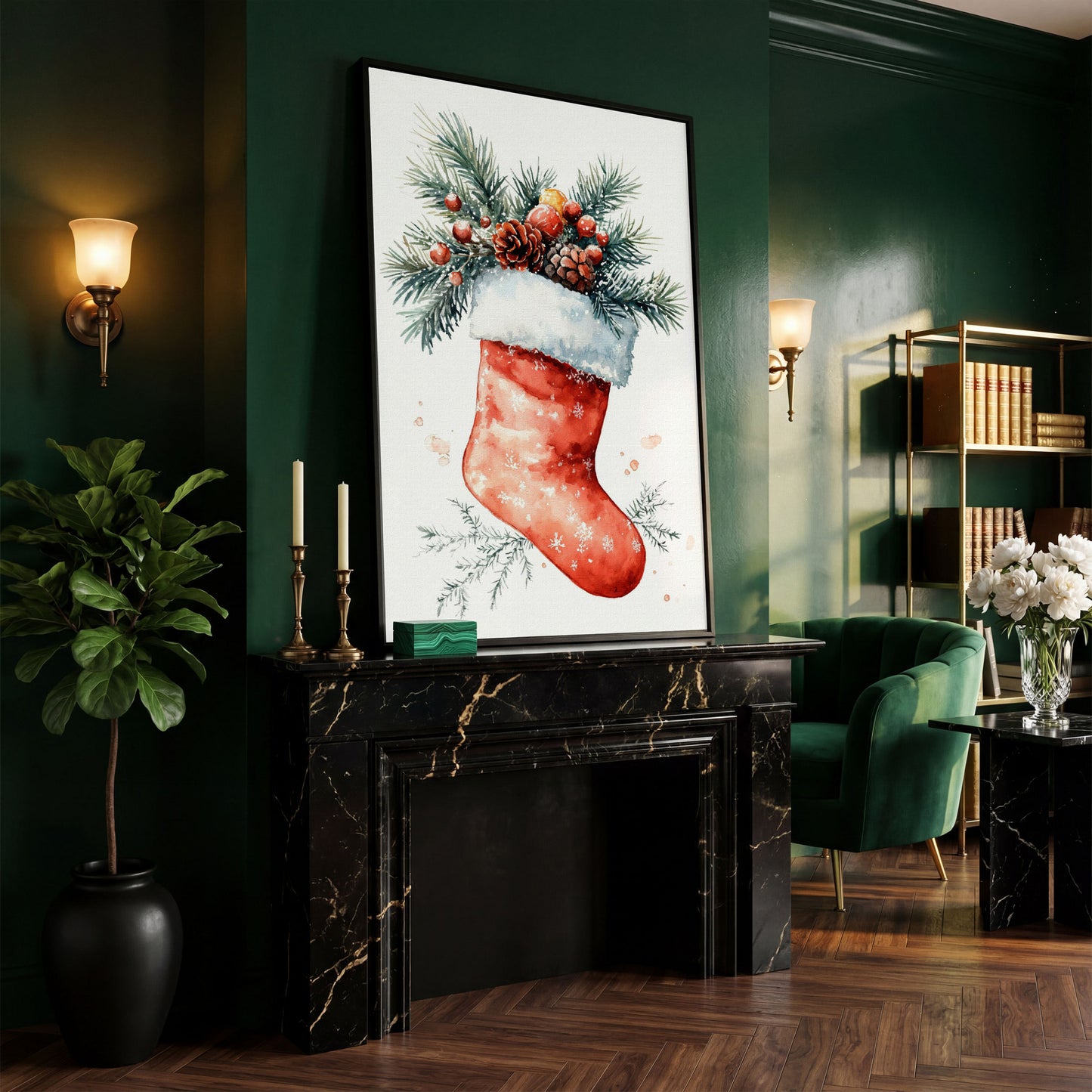 Christmas Stocking Canvas Print with Watercolor Pine in black floating frame