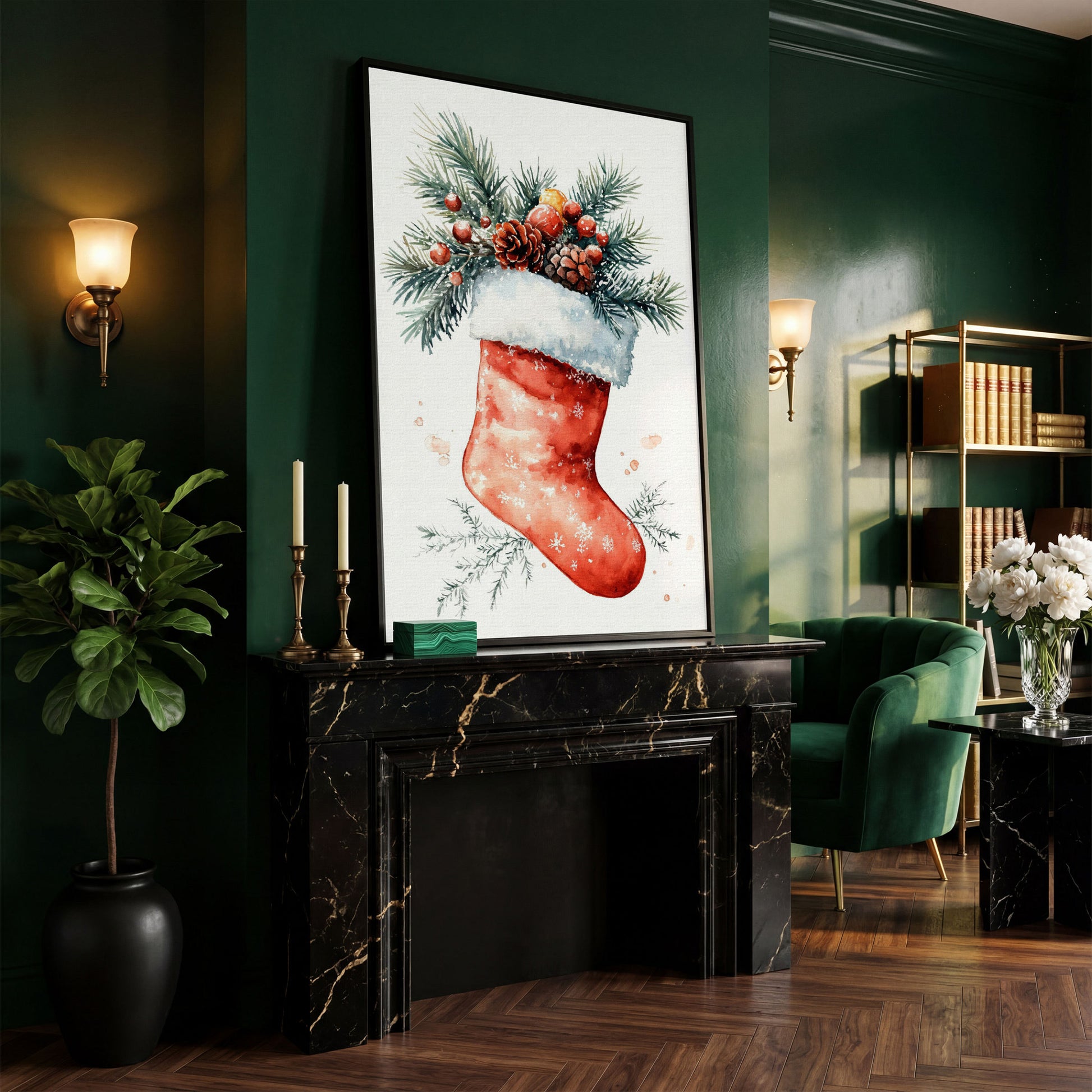 Christmas Stocking Canvas Print with Watercolor Pine in black floating frame