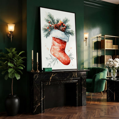 Christmas Stocking Canvas Print with Watercolor Pine in black floating frame
