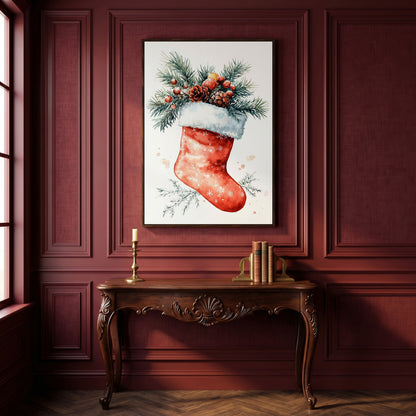 Christmas Stocking Canvas Print with Watercolor Pine in dark walnut floating frame