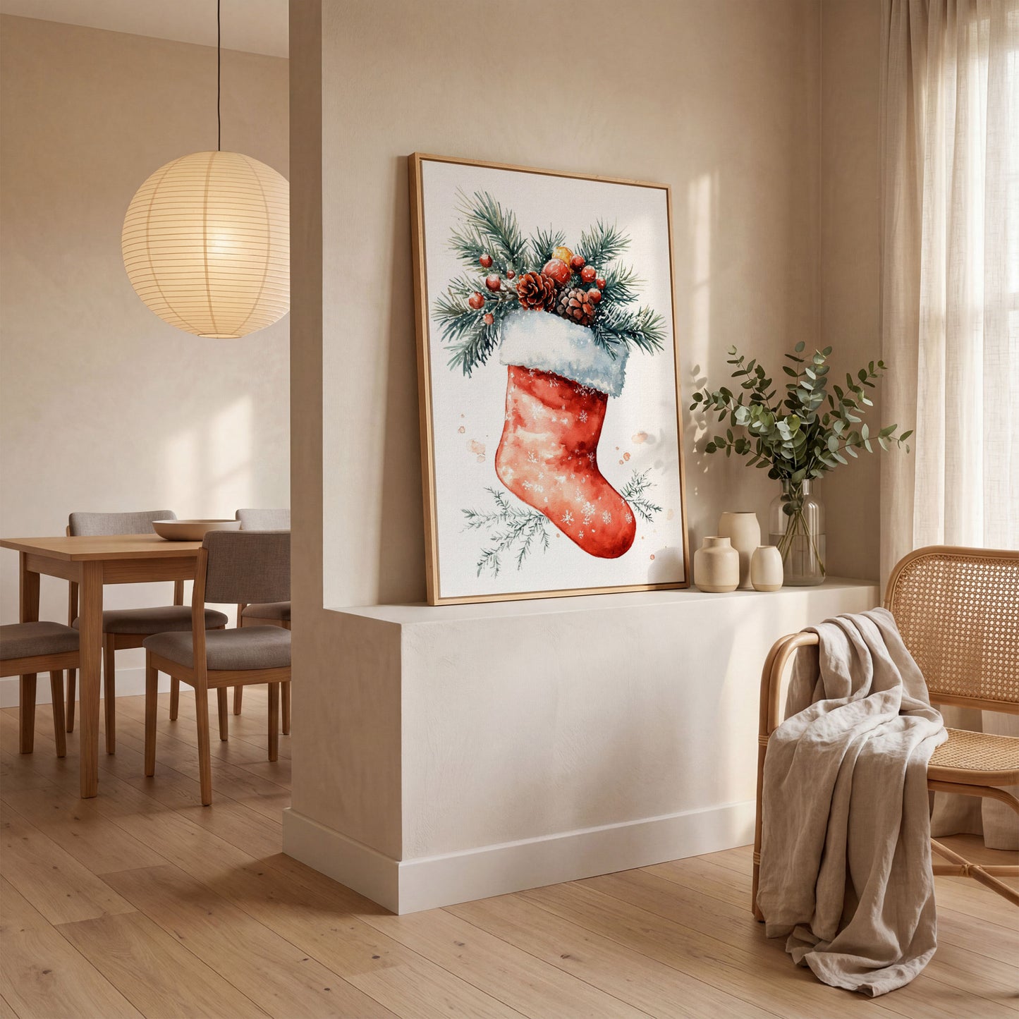 Christmas Stocking Canvas Print with Watercolor Pine in white oak floating frame