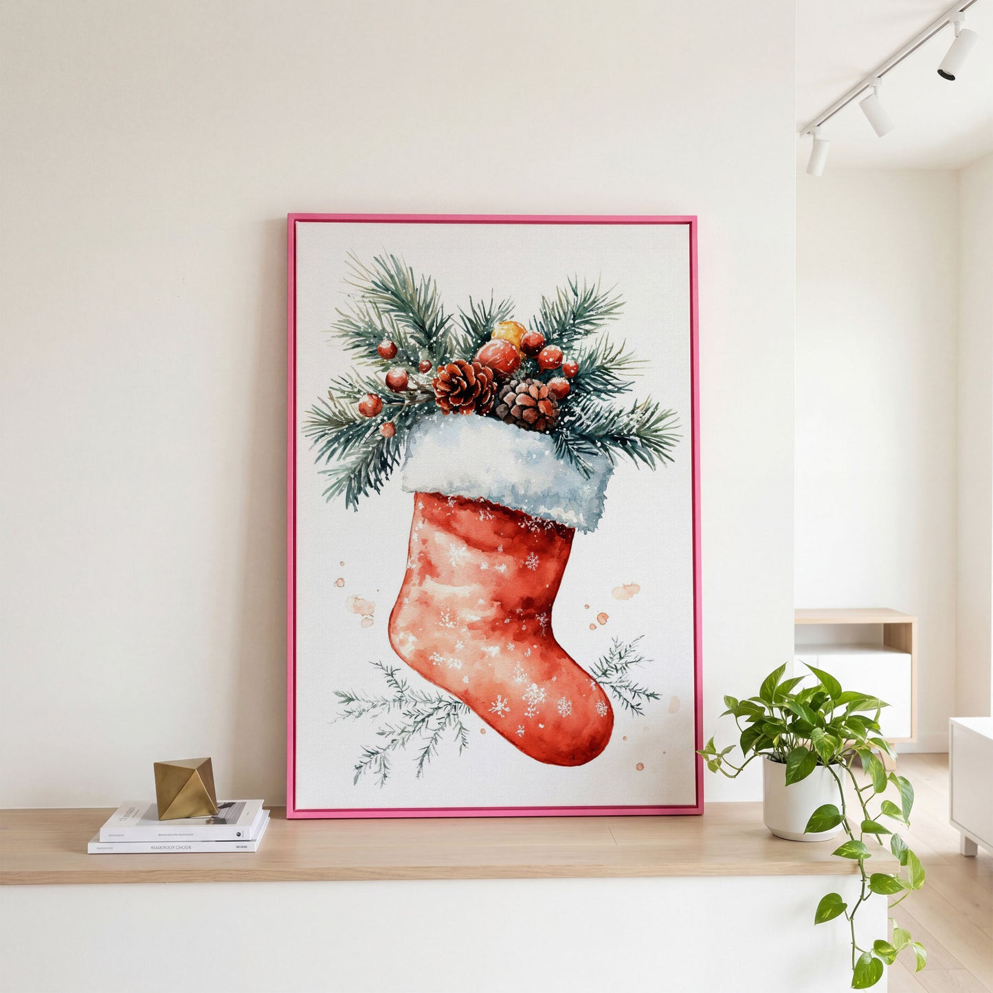 Christmas Stocking Canvas Print with Watercolor Pine in pink floating frame