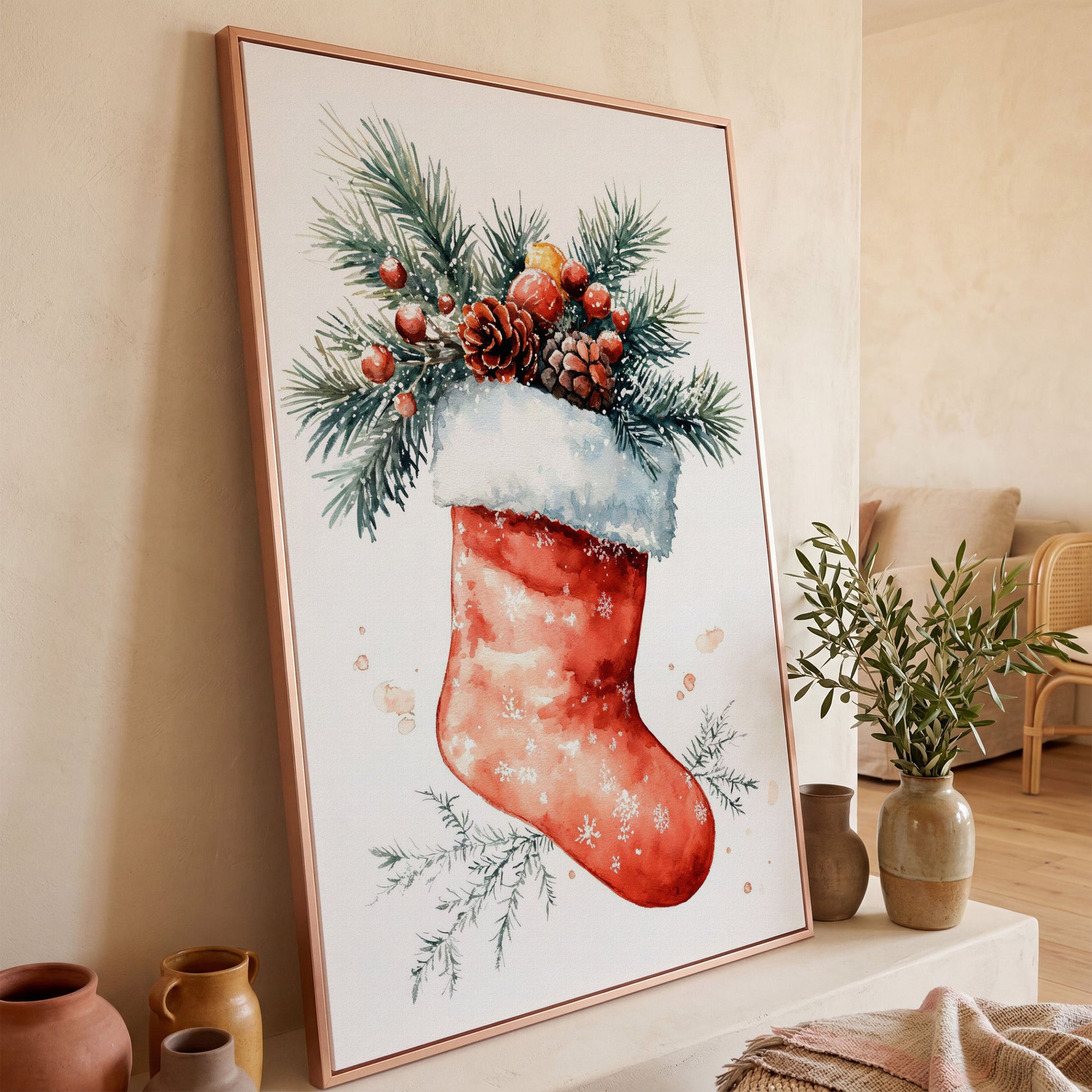 Christmas Stocking Canvas Print with Watercolor Pine in rose gold floating frame